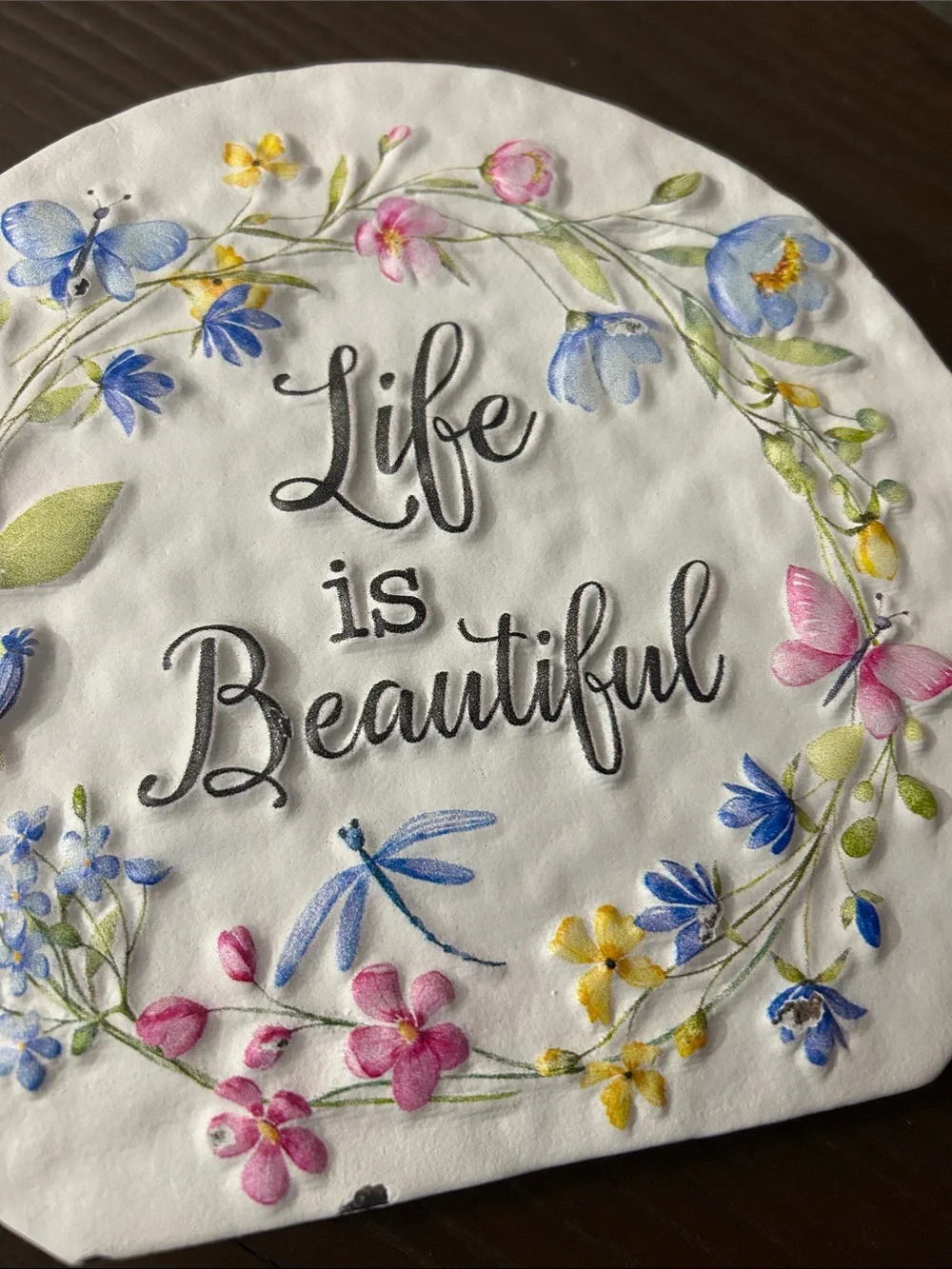 Life Is Beautiful Floral Round yard Plaque - Pastel Colors